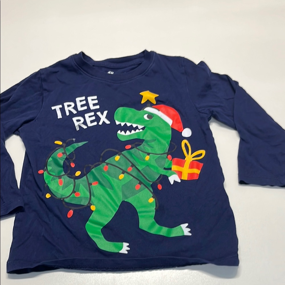 Kids Navy Blue Dinosaur Christmas Shirt